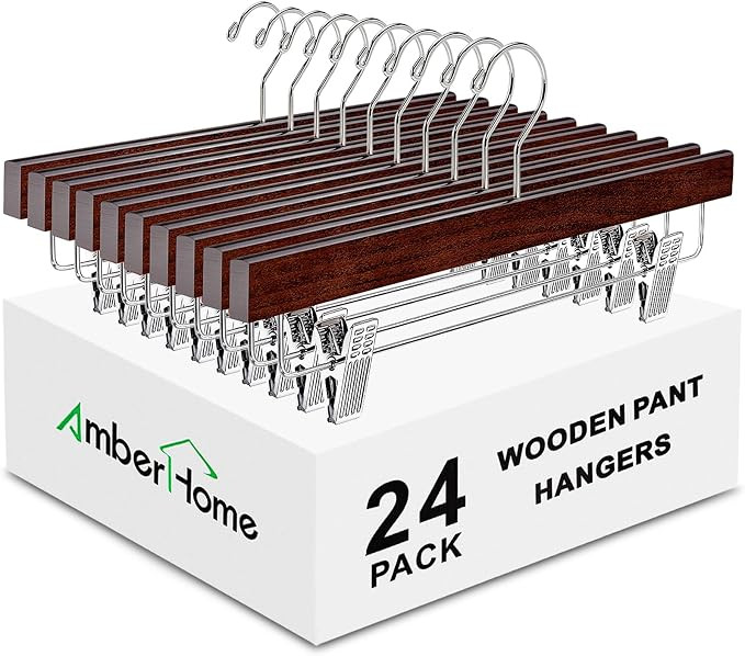 Amber Home 24 Pack Walnut Wooden Pants Hangers with Clips, 14" Wood Skirt & Trousers Hangers, Clo... | Amazon (US)