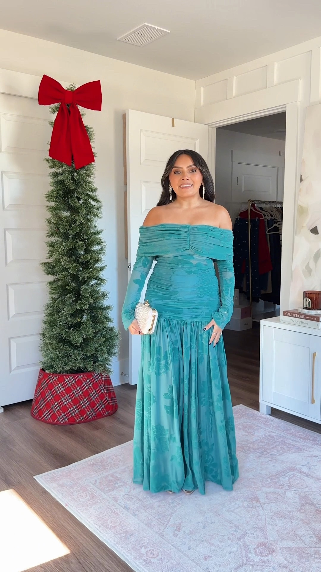 Blue green floral off the shoulder maxi dress size xs regular TTS
Rhinestone heels - old, similar linked

#LTKHoliday #LTKCyberWeek #LTKPetite