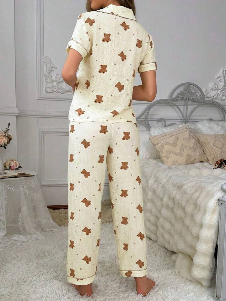 Bear Printed Pajama Set With Contrast Piping | SHEIN