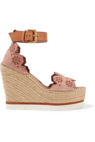 See by Chloé - Leather And Embroidered Suede Espadrille Wedge Sandals - Antique rose | NET-A-PORTER (US)