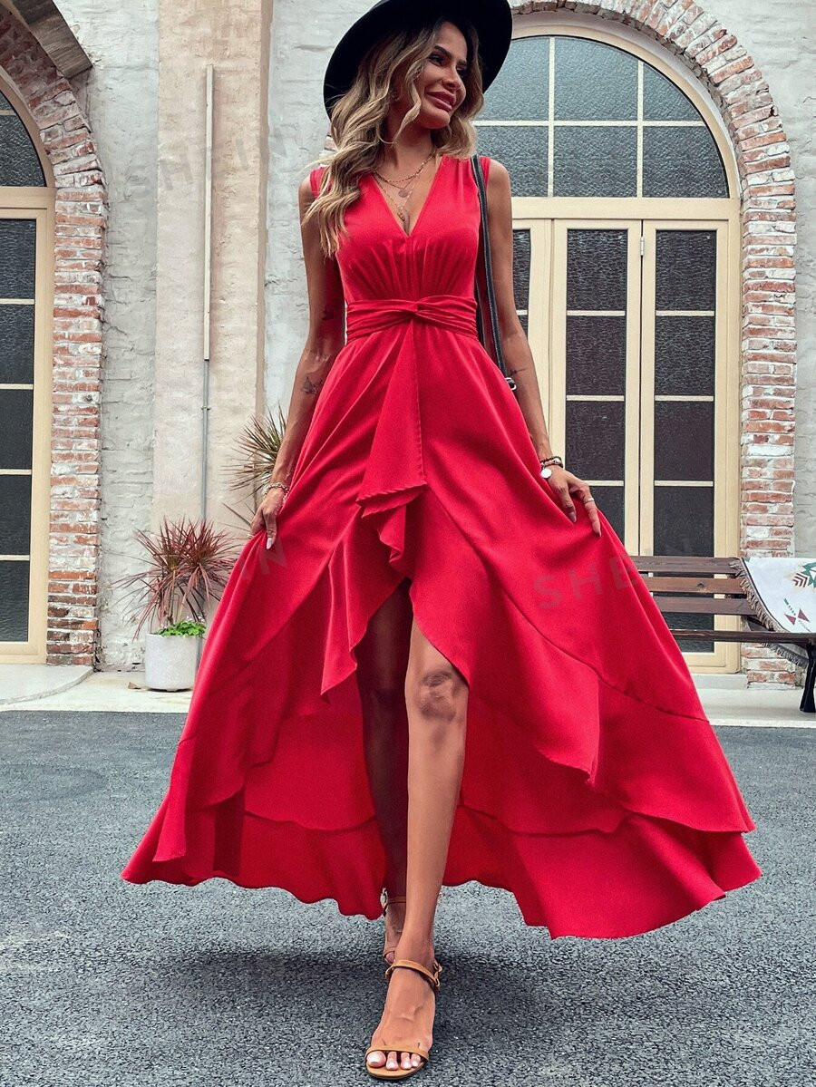 SHEIN LUNE Twist Waist High Low Hem Dress | SHEIN