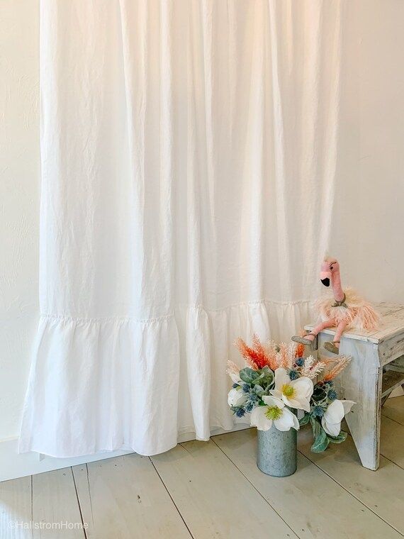 Ruffle Linen Shower Curtain, White Linen Curtain, Ruffle Shower Curtain, Handmade Shabby Chic, Girls | Etsy (US)