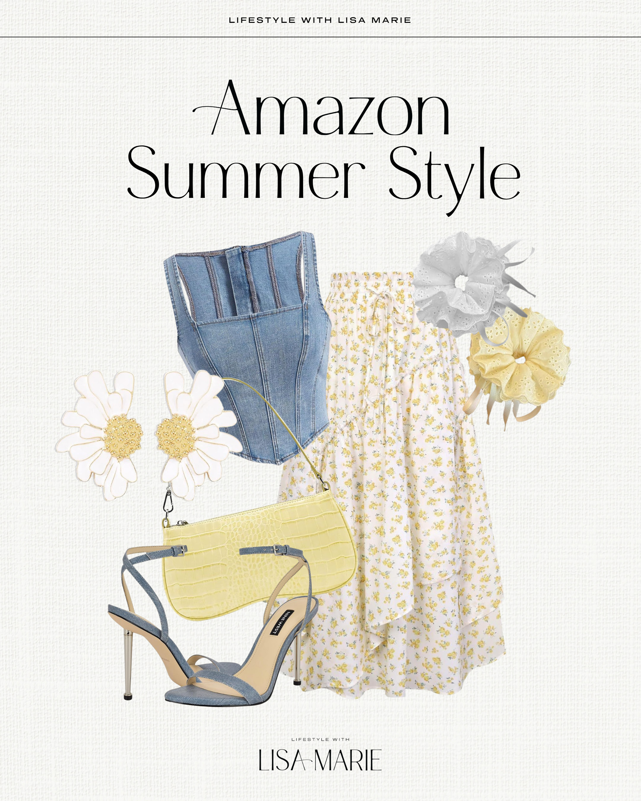 The cutest Amazon summer look, perfect for your next brunch, shower, vacay or event! Denim crop top and heels. Floral maxi skirt and statement earrings. Yellow purses, handbags, accessories and scrunchies. Elevated casual outfits. 

 #LTKMothersDay #LTKSeasonal #LTKPetite