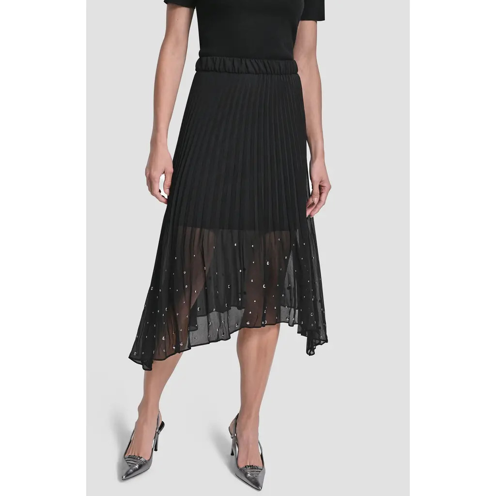DKNY Studded Pleated Chiffon Midi Skirt in Black at Nordstrom, Size Small | Nordstrom