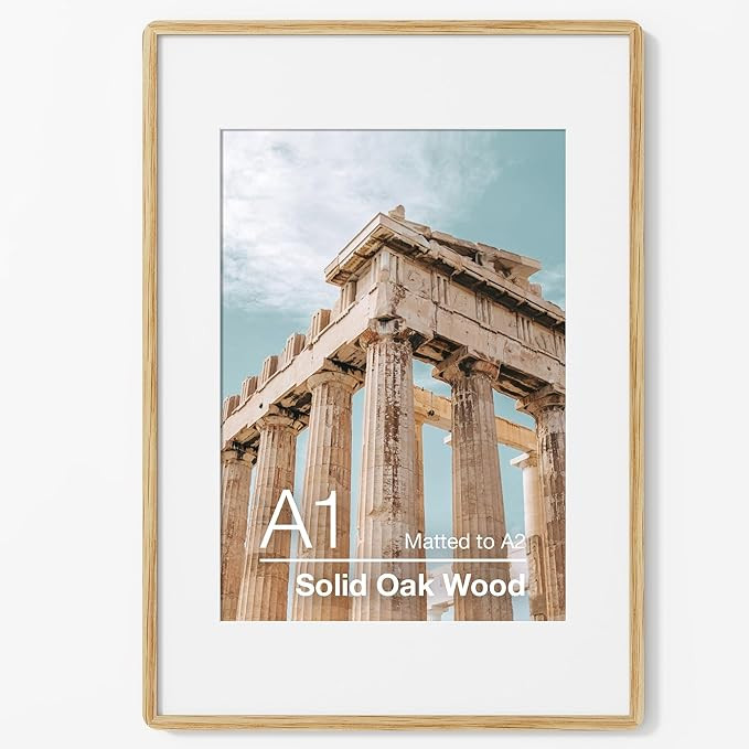 FLYJOE A1 Poster Frame | Solid Oak Wood Poster Frame | Picture Frame With Mat For A2 | Tempered G... | Amazon (UK)