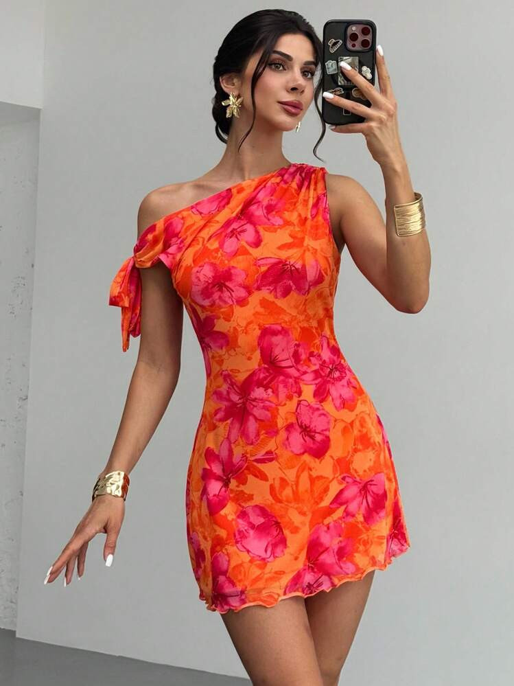 Firerie Women's Orange Red Floral Mesh Mini Dress,Summer,Girly,Holiday,Vacation Asymmetric One Sh... | SHEIN