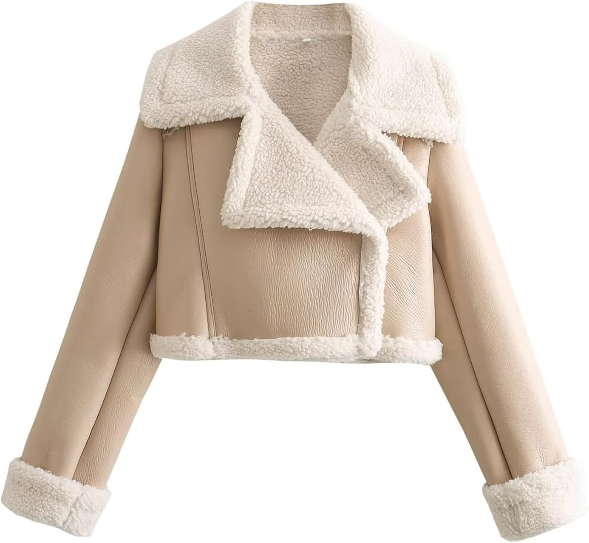 BAIMORE Women's Winter Faux Leather Jacket Cropped Sherpa Fleece Lapel Zip Up Warm Outwear | Amazon (US)
