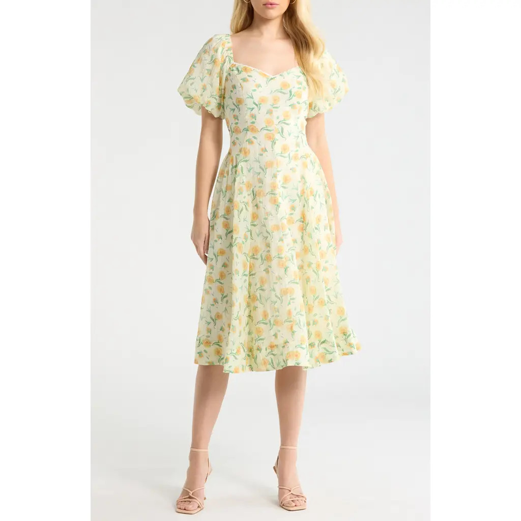 ASTR the Label Mayra Puff Sleeve Midi Dress in Yellow Multi Floral at Nordstrom, Size Medium | Nordstrom