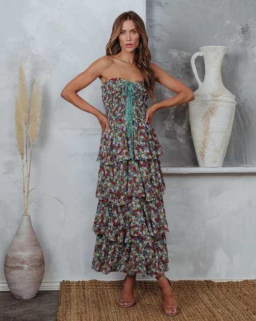 Hola Bonita Strapless Corset Floral Tiered Midi Dress | VICI