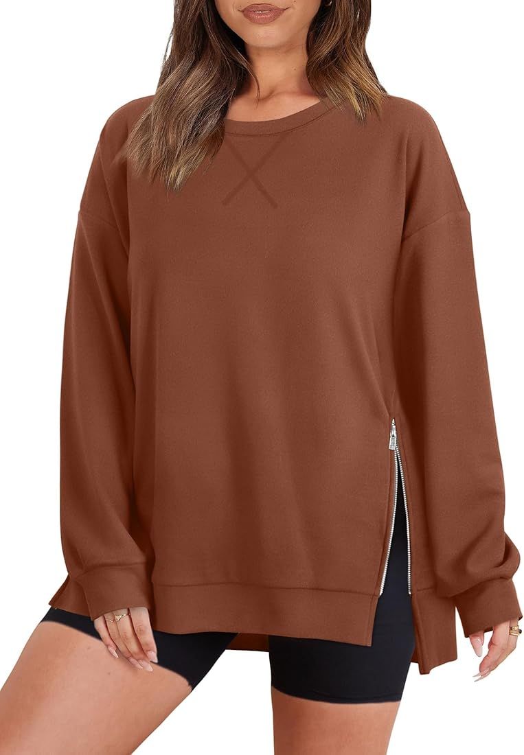 WIHOLL Oversized Sweatshirt for Women Casual Crewneck Pullover Long Sleeve Tops Side Slit Zipper | Amazon (US)