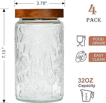Brajttt Glass Jar 32oz,Set of 4 Jar with Lid,Airtight Glass Storage Jar with Wooden Lid, Glass Fo... | Amazon (US)
