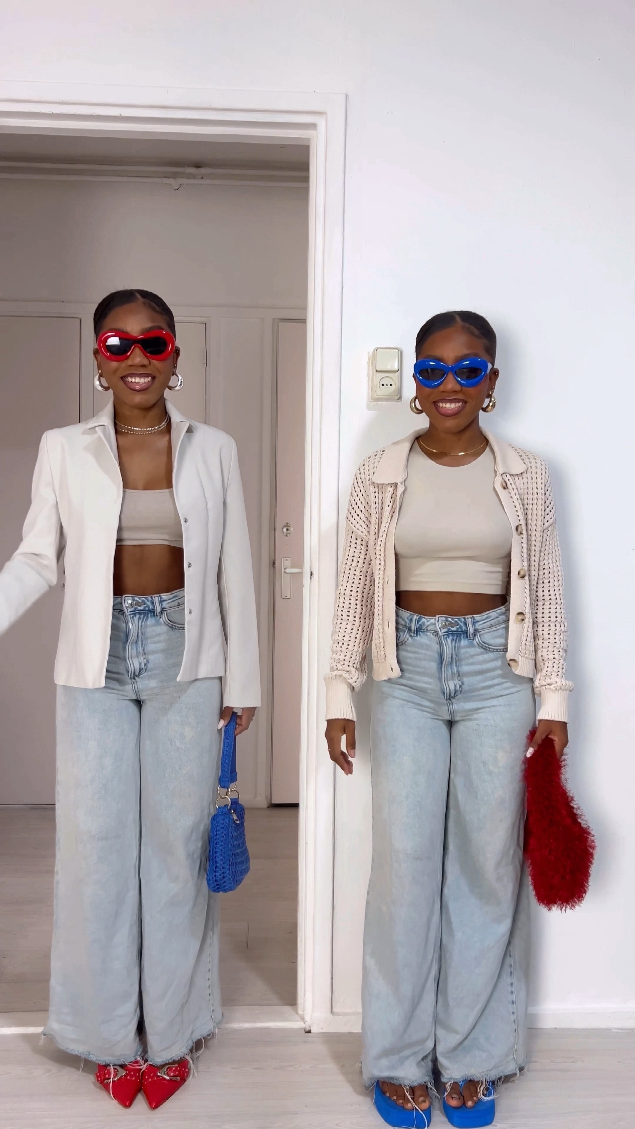 denim pants. flowy denim jeans. wide leg jeans. beige outfit. neutral outfit. fluffy bag. red bag. blue bag. basic top. neutral top. nude blazer. nude outfit. casual outfit. red heels. pointy heels

#LTKstyletip #LTKVideo #LTKeurope