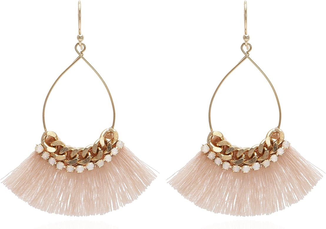 Small Tear Drop Dangle with Chain & Crystal Trimmings, Fan Shape Tassel Statement Earrings | Amazon (US)