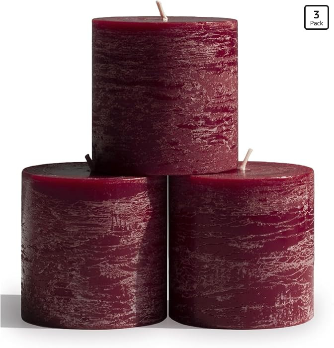CANDWAX 3x3 Pillar Candles Set of 3 - Rustic Unscented No Drip Burgundy Candles for Home Decor, W... | Amazon (US)
