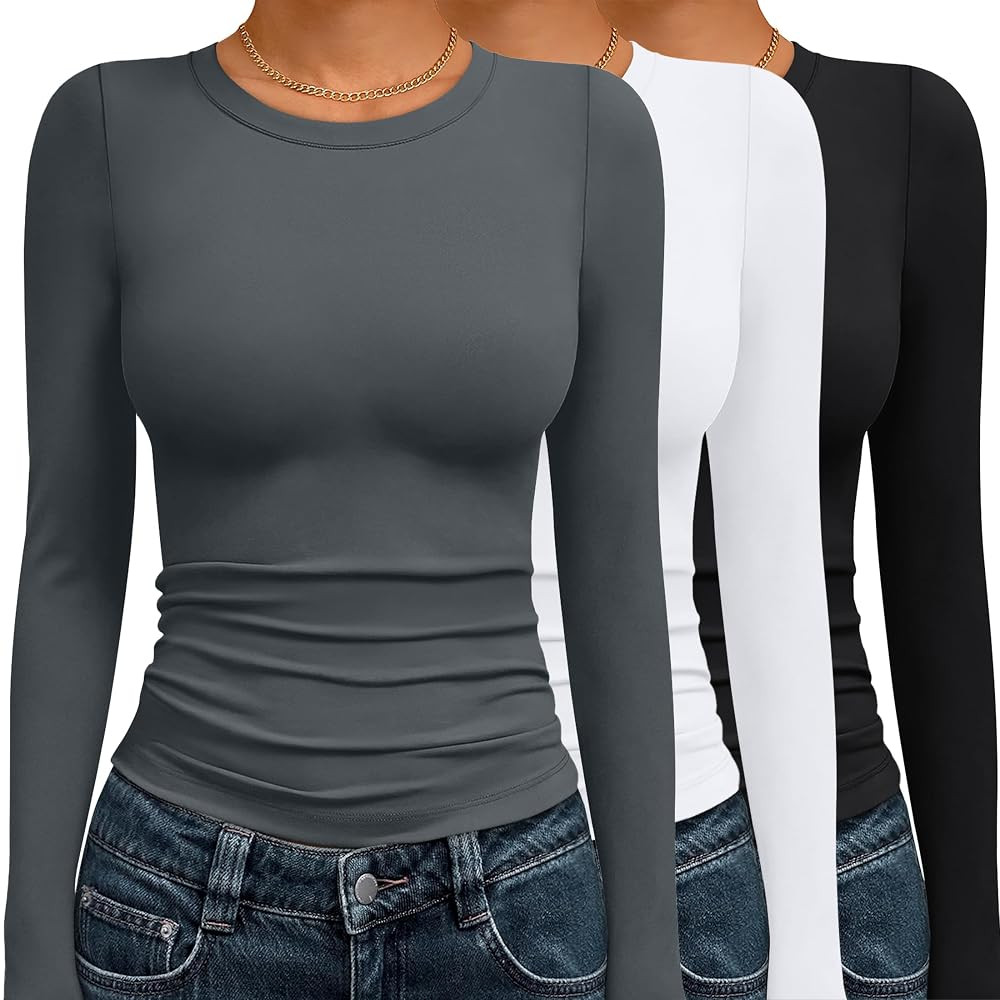 AUTOMET 3 Pack Womens Long Sleeve T Shirts Fall Fashion Basic Going Out Crop Tops Slim Fitted Win... | Amazon (US)
