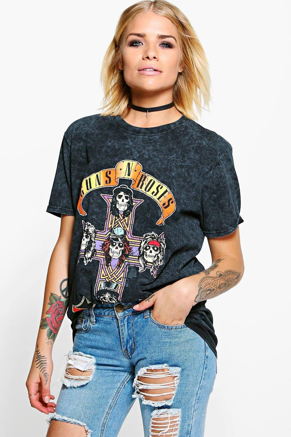Layla Tonal Guns 'N' Roses Oversized Washed Band Tee | Boohoo.com (UK & IE)