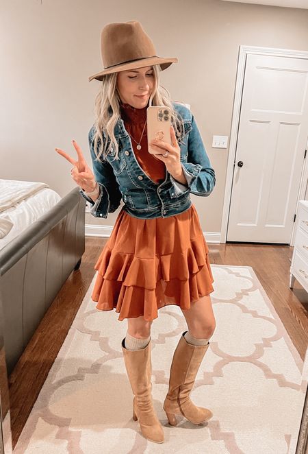 Styled this SHEIN find with a denim jacket and a hat for the country cowgirl look. 

Ruffled dress, SHEIN dress, fall dress, pumpkin patch, fall style, fall outfit, western style, denim jacket, jean jacket, tan boots, felt hat, over knee socks, fall inspo 

#LTKstyletip #LTKfindsunder100 #LTKover40