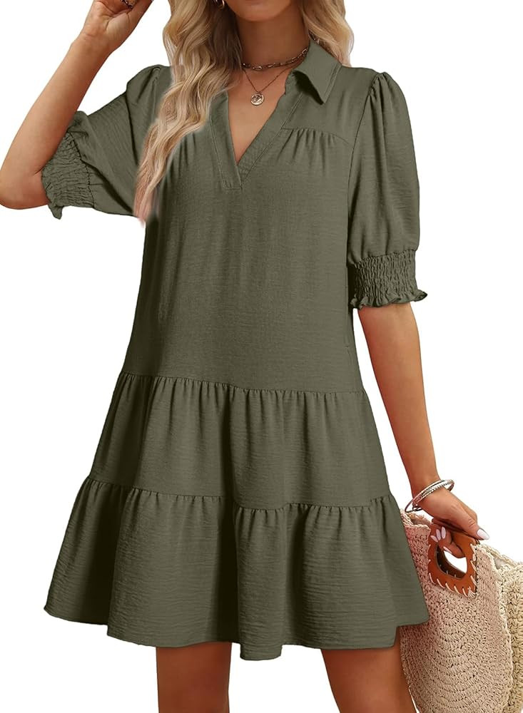 Dokotoo Casual Dresses for Women Lapel Collared V Neck Mid Sleeved Pleated Summer Dresses for Wom... | Amazon (US)