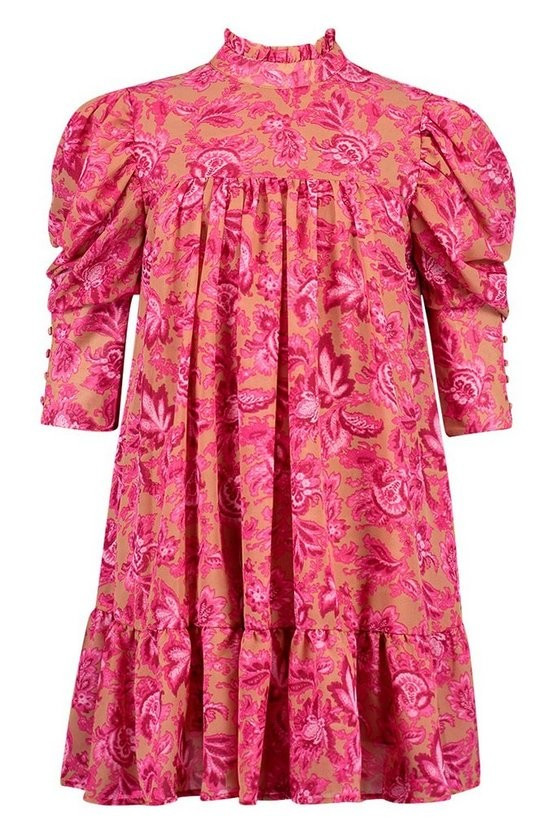 Printed Puff Sleeve Ruffle Neck Smock Dress | Boohoo.com (US & CA)