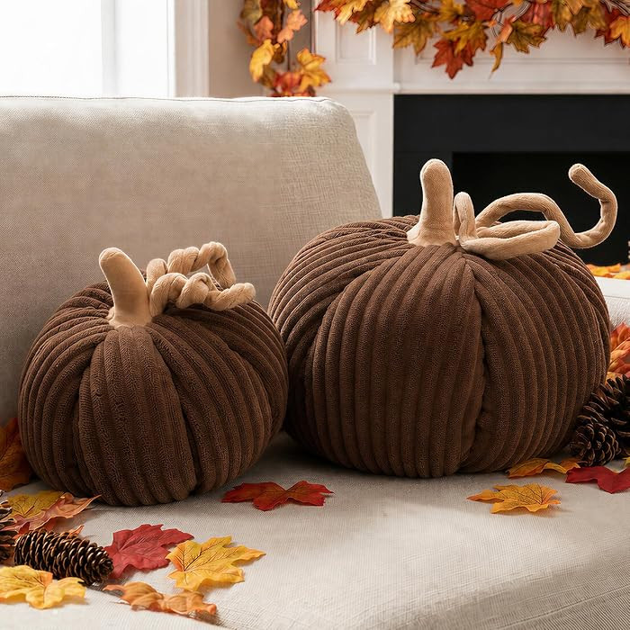 Ywlake Fall Pumpkin Pillows Set of 2, Halloween Decoration Stripes Pumpkin Throw Pillows Cute 3D Shaped Cushion for Sofa Couch Bedroom Harvest Thanksgiving Autumn Decor (Brown) | Amazon (US)
