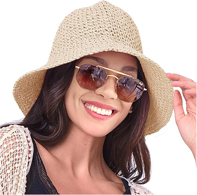 Womens Straw Hat Wide Brim Crotchet Straw Bucket Sun Hat Packable Floppy Beach Hats for Women Sum... | Amazon (US)