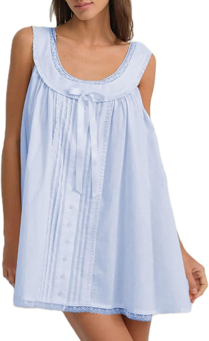 Women Y2K Babydoll Mini Dress Cute Bow Lace Trim Pleated Ruffle Short Sundress Casual Party Vacat... | Amazon (US)