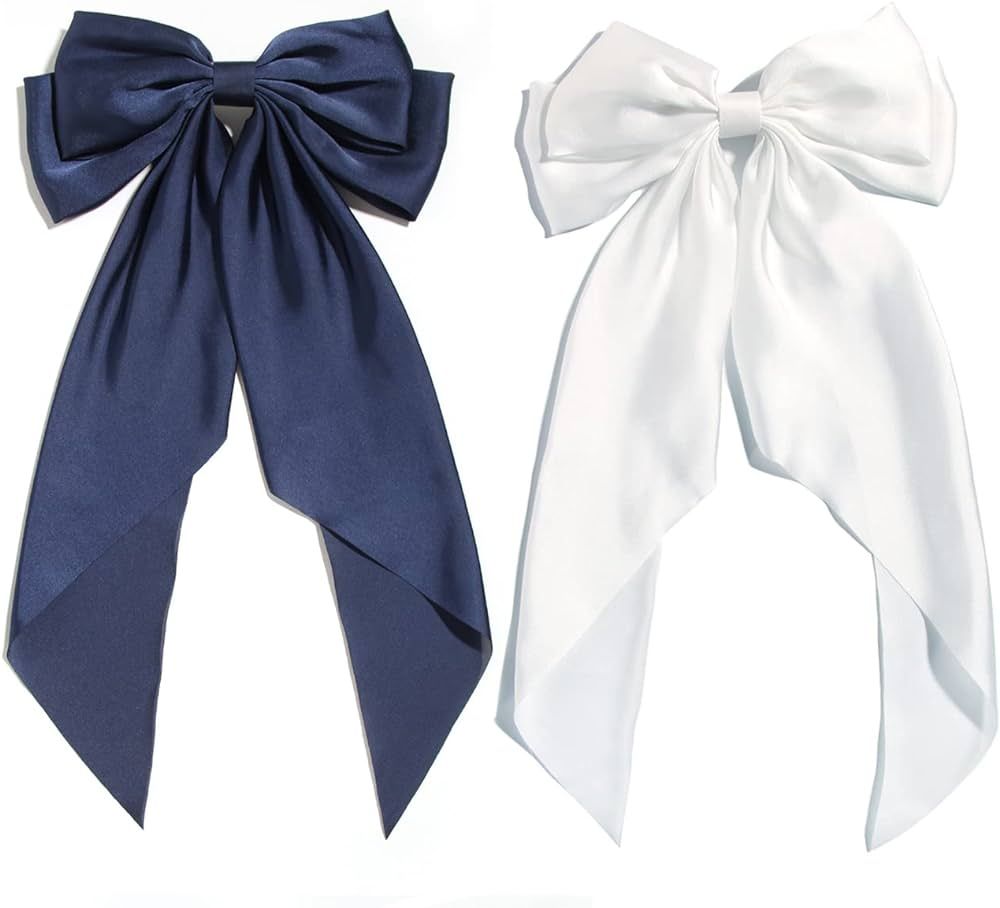 Big White Hair Bow Clips for Women,Furling Pompoms 2pcs Large Navy Satin Silky Hair Ribbon Clip, ... | Amazon (US)