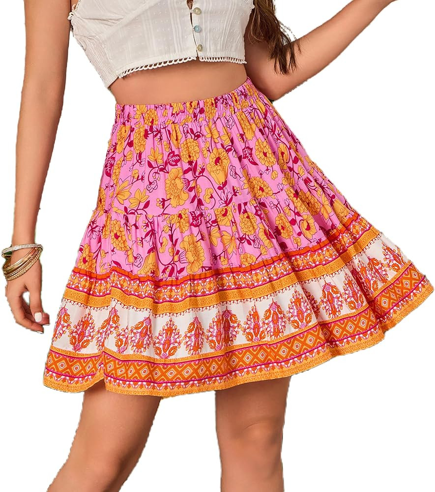 Women Floral Print High Waist Elastic A line Mini Skirt Bohemian Style | Amazon (US)
