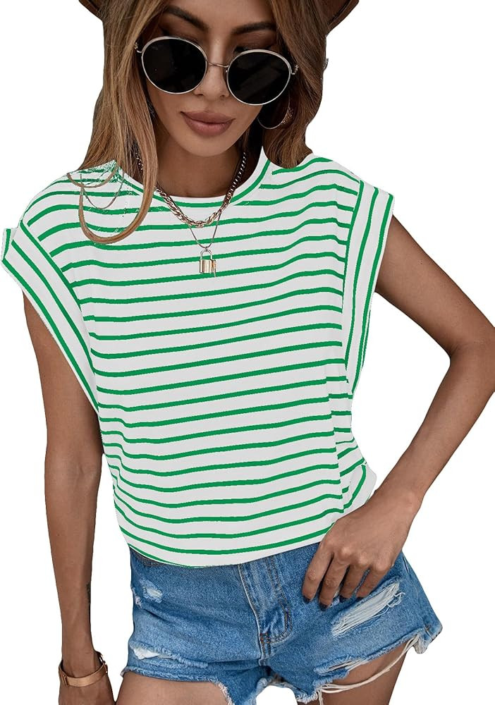 Floerns Women's Casual Stripe Print Cap Sleeve T Shirts Round Neck Tee | Amazon (US)