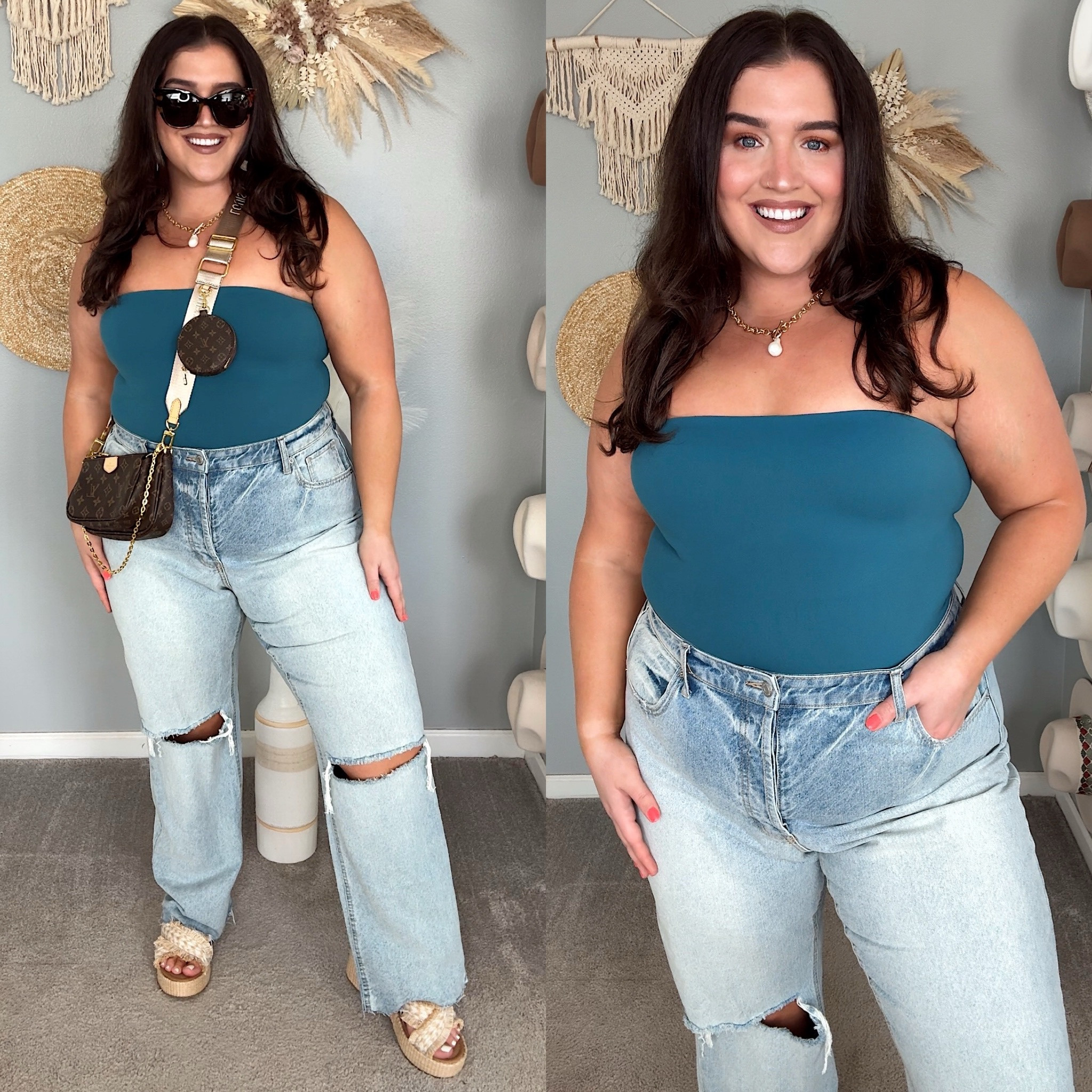 Casual Summer OOTD 💙 
Strapless tube top bodysuit XL 
Light wash distressed denim 17 
Accessorized with wedge platform sandals, crossbody bag, necklace, earrings + sunglasses 😎 

#LTKMidsize #LTKSeasonal #LTKStyleTip