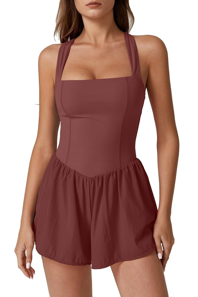 QINSEN Women's Square Neck Sleeveless Romper Jumpsuit Casual Summer One Piece Outfit with Pocket | Amazon (US)