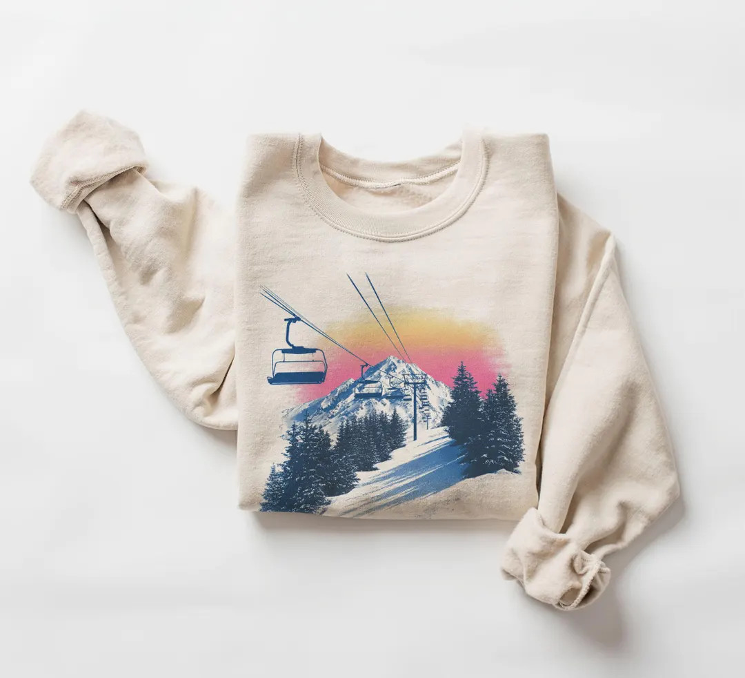 Retro Ski Lift Sunset Sweatshirt - Vintage Mountain Skiing & Snowboarding Pullover - Winter Lodge... | Etsy (US)