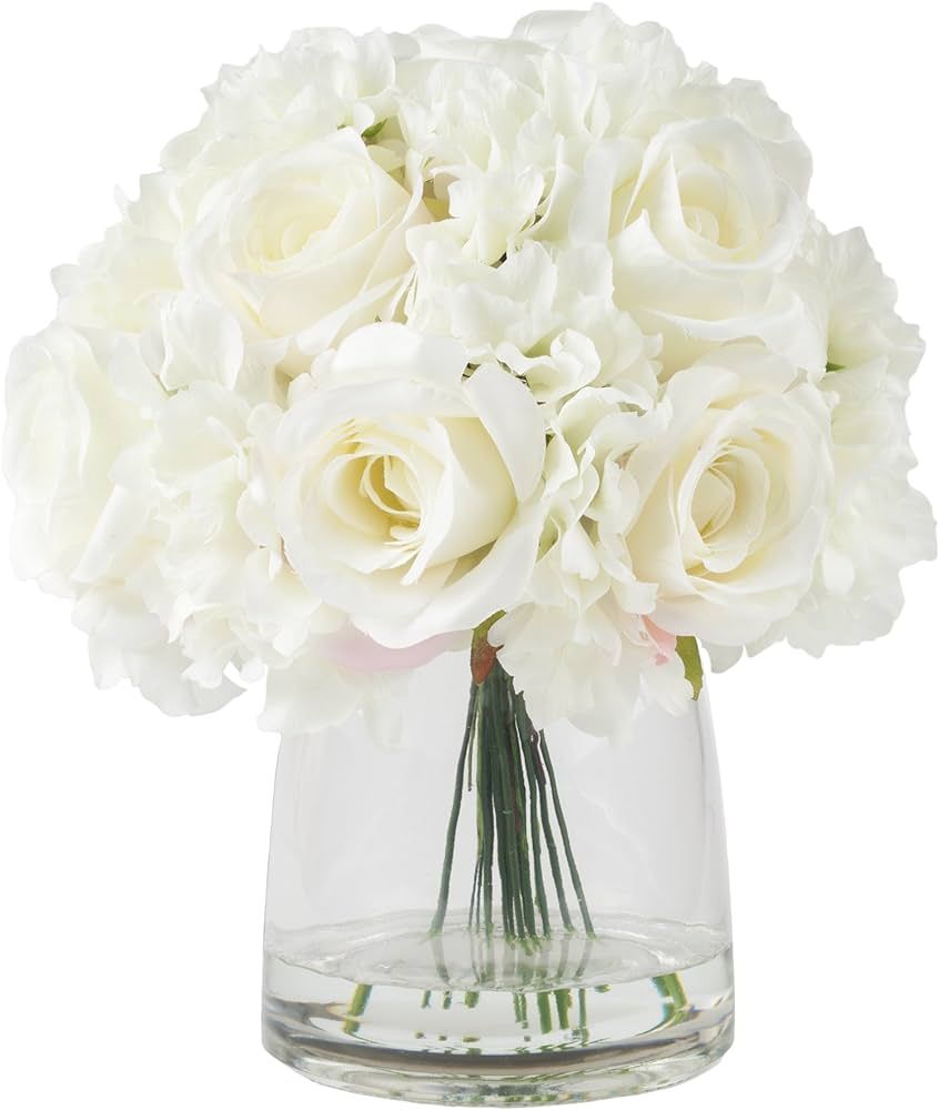 Floral Arrangement with Vase - Realistic Accent with 10 Hydrangeas and 11 Roses in Clear Glass Co... | Amazon (US)