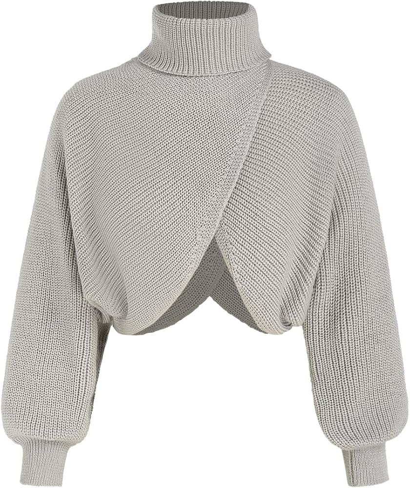 CIDER Cropped Sweaters for Women Turtleneck Long Sleeve Fall Sweaters Chunky Ribbed Knit Lantern ... | Amazon (US)
