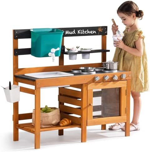 ROBOTIME Mud Kitchen for Kids Outdoor - Wooden Outdoor Play Kitchen Set with Real Water Play, Coo... | Amazon (US)