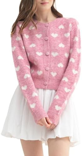 Women's Pink Heart Cardigan Sweater Cute Y2K Cropped Button Down Crewneck Long Sleeve Knit Fall T... | Amazon (US)