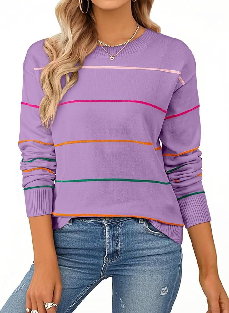 SHEWIN Womens Sweaters Crew Neck Knit Long Sleeve Striped Sweater Fall Outfits for Women 2025 | Amazon (US)