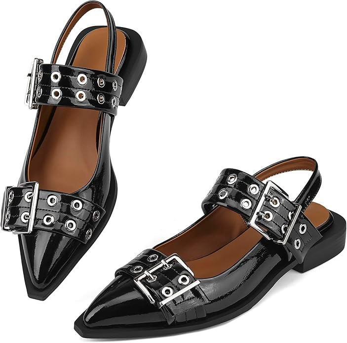 Arqa Women's Buckle Ballet Flats Slingback Wide Welt Buckled Flat Silver Eyelets Ballerina Shoes | Amazon (US)