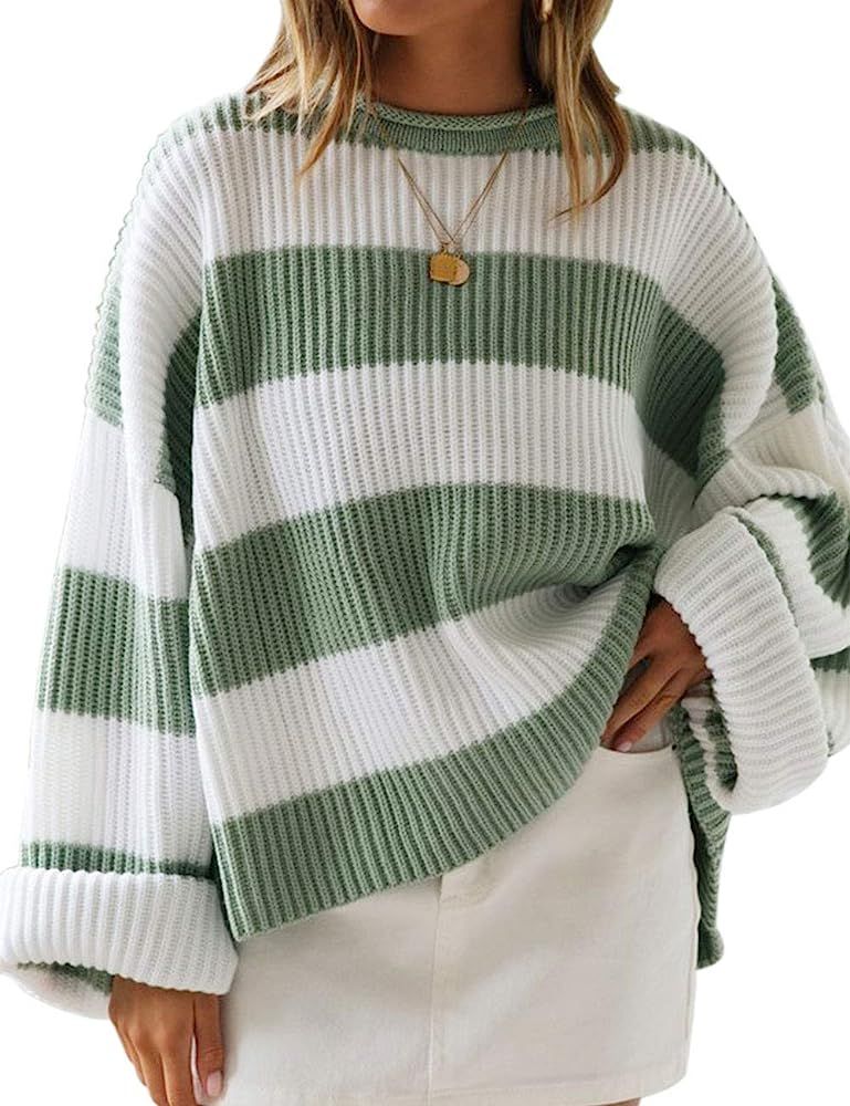 ZESICA Women's Long Sleeve Crew Neck Striped Color Block Comfy Loose Oversized Knitted Pullover S... | Amazon (US)