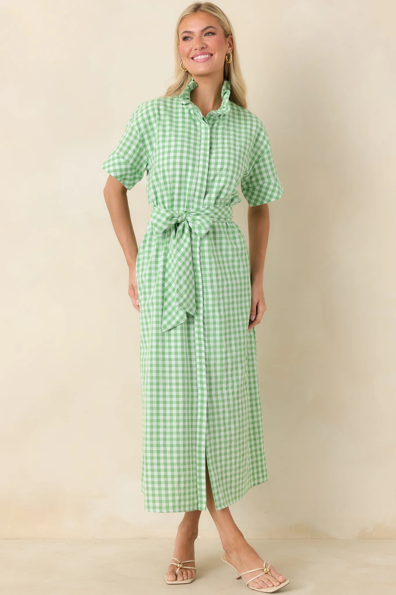 Check Me Out Green Gingham Ruffle Collar Belted Maxi Dress L / Green | Red Dress