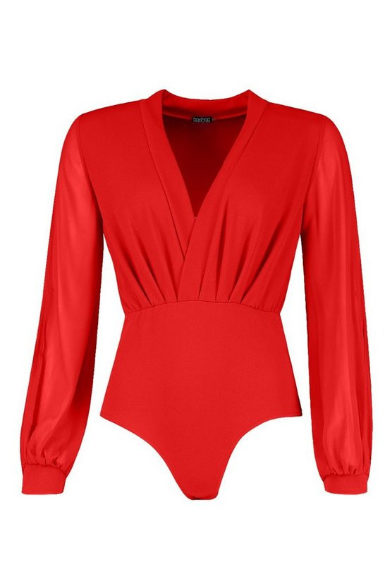 Wrap Chiffon Split Sleeve Bodysuit | Boohoo.com (UK & IE)