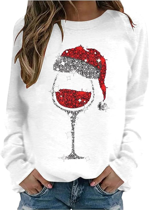 Christmas Sweatshirts for Women 2024 Red Wine Glass Graphic Ugly Sweaters Tops Casual Long Sleeve... | Amazon (US)