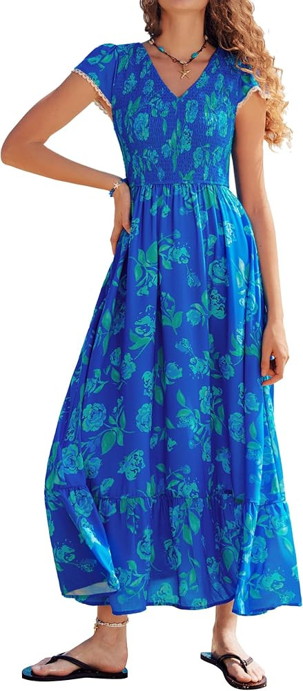 Kate Kasin Women Summer Floral Maxi Dresses 2026, V Neck Smocked Boho Sundress, Flowy Long Beach ... | Amazon (US)