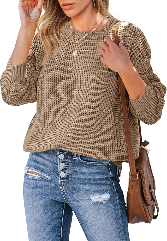 MEROKEETY Women's 2024 Long Sleeve Waffle Knit Sweater Crew Neck Solid Color Pullover Jumper Tops | Amazon (US)