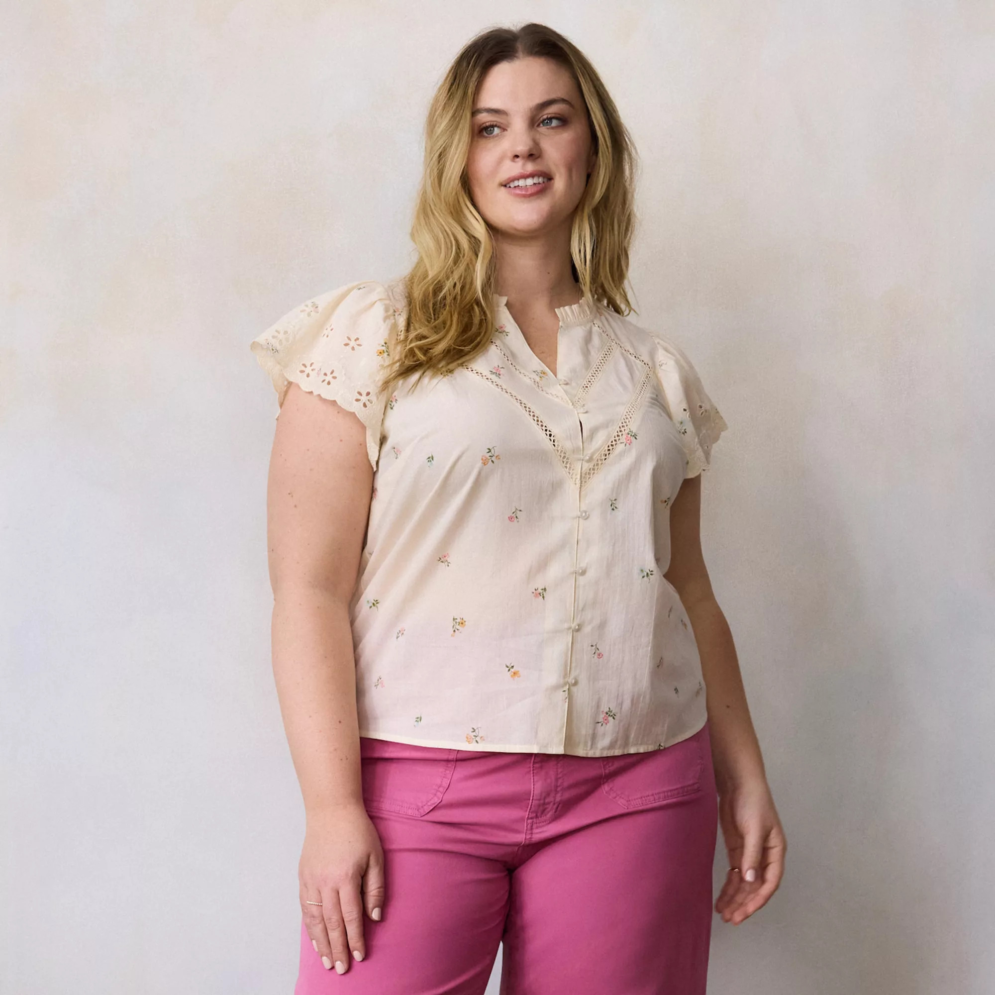 Plus Size LC Lauren Conrad Lace Trim Ruffle Neck Button Front Top | Kohl's