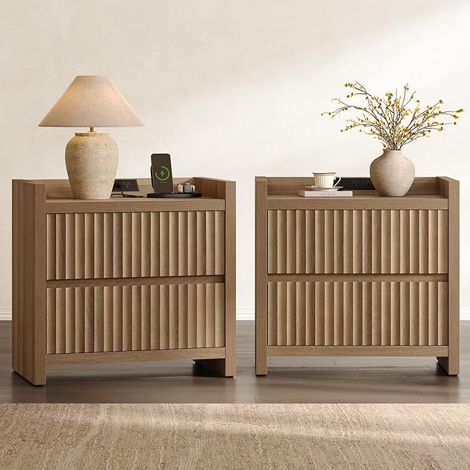 SICOTAS Night Stands Set of 2-Fluted Nightstands with Charging Station- Modern 2 Drawers Nightsta... | Amazon (US)