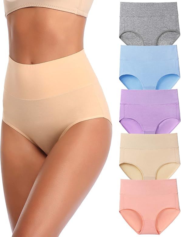 QovoQ Women's High Waist Cotton Underwear Stretch Briefs Soft Comfy Ladies Panties MultiPack | Amazon (US)