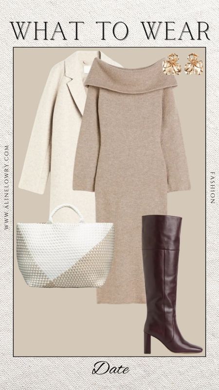 What to wear - Date outfit. Fall Date, sweater dress, dress and boots, neutral outfit, monochromatic outfit. 