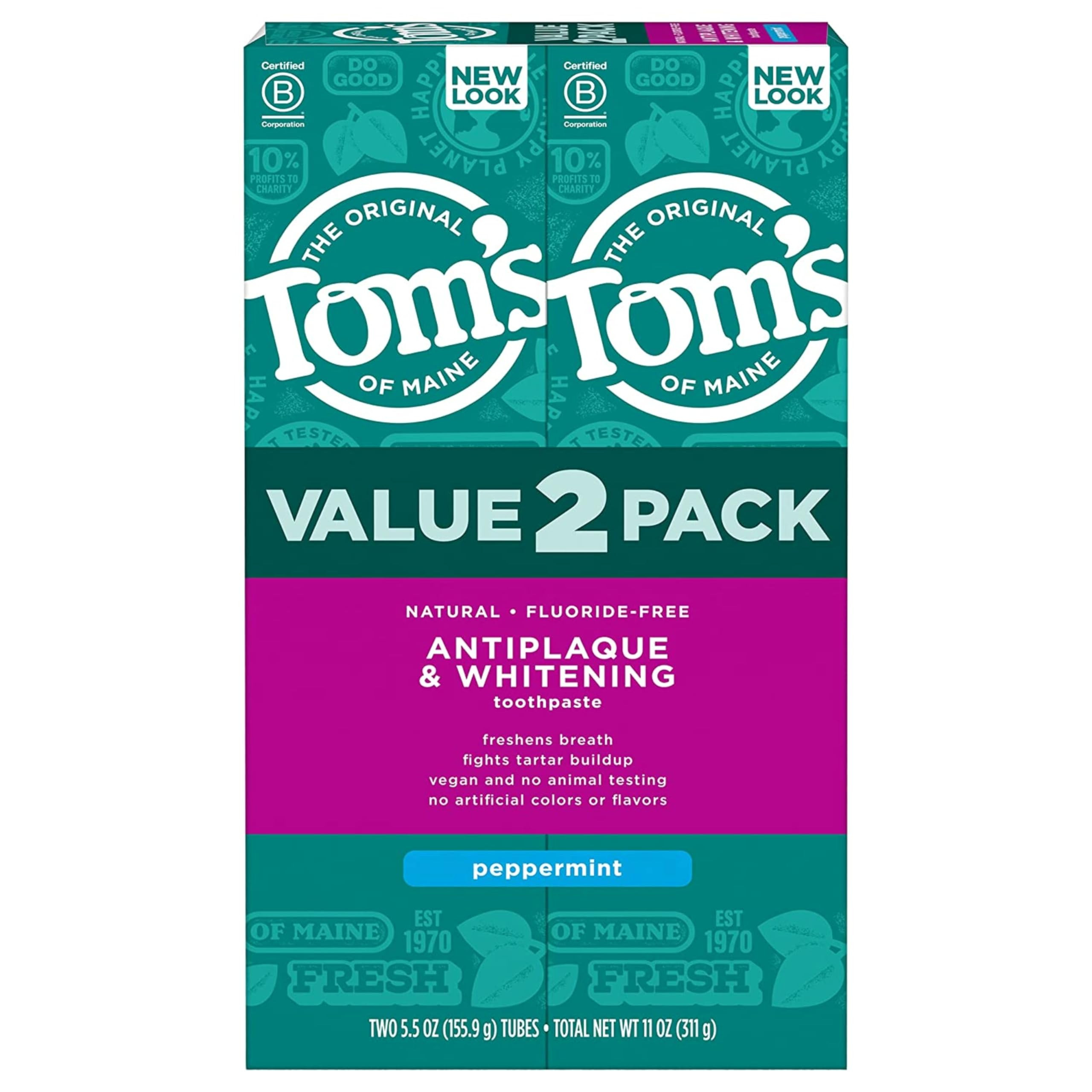 Tom's of Maine Fluoride-Free Antiplaque & Whitening Natural Toothpaste, Peppermint, 5.5 oz. (Pack... | Amazon (US)
