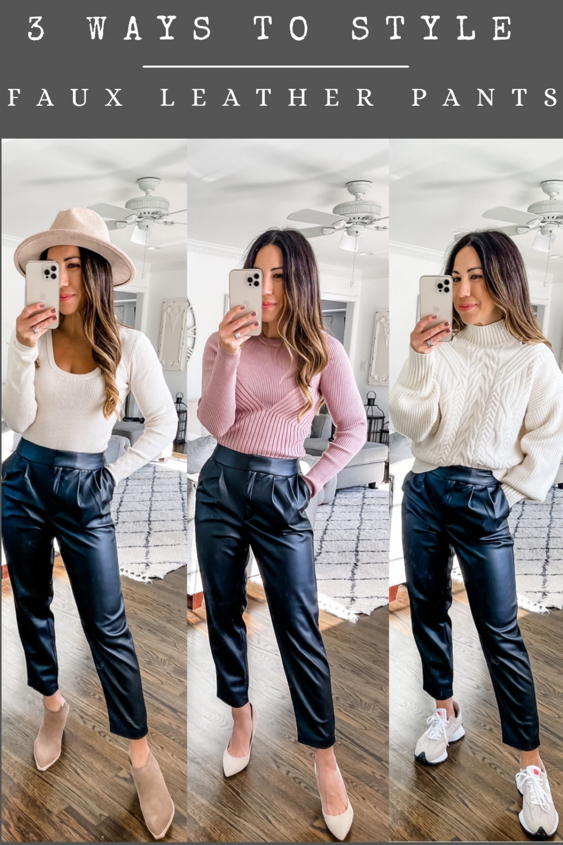 3 ways to style these @express faux leather pants. Actually pulling for faux leather more often than jeans as they are so easy to dress up or down. Bonus: this pair is petite friendly and come in 3 colors. Sharing an @express try on in stories later. Lots on sale too! #october2022 #expresspartner #expressyou

Ways to shop: 
1. Link in bio 
2. Head to stories 

Pants: 0 short
Sweaters: small 

#LTKsalealert #LTKunder100 #LTKunder50